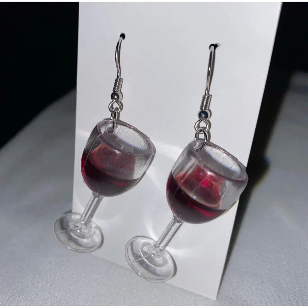 Earrings Wine Glass w/ Red Wine Dangle Lightweight Winery Party Drink‎ Whimsical